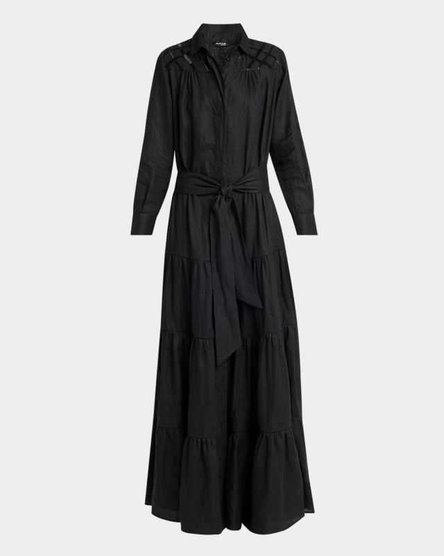 Beaded Long-Sleeve Tiered Linen Maxi Shirtdress